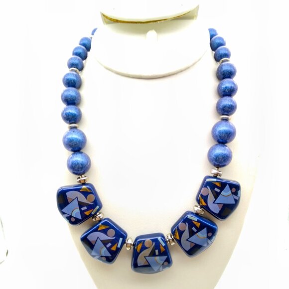 Blue Porcelain Bib Necklace, Lovely Vintage Beaded Strand with Ceramic Panels - Picture 1 of 4